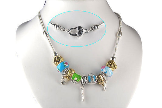 Pandora Style Necklace W/ Blue Lampwork Beads, "Silver Spoon", 16"
