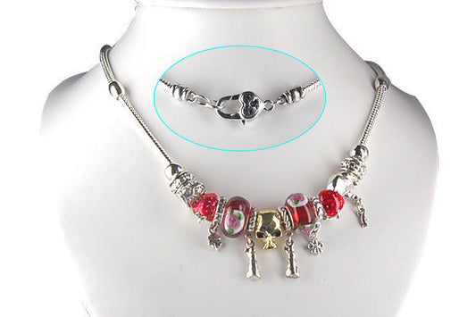 Pandora Style Necklace W/ Red Lampwork Beads, "Patience", 16"