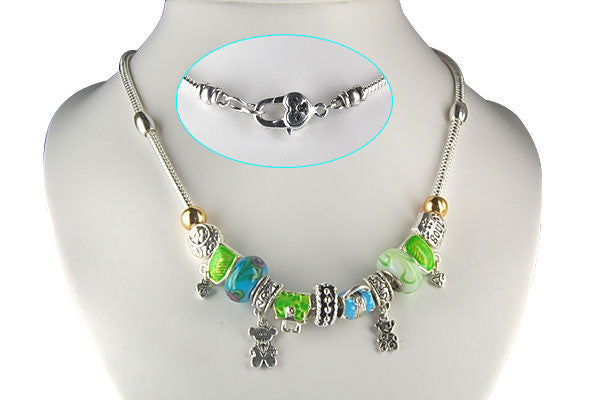 Pandora Style Necklace W/ Blue Green Lampwork Beads, "Shopping Fun", 16"