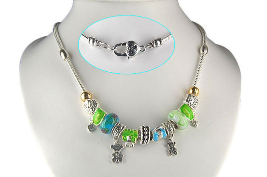 Pandora Style Necklace W/ Blue Green Lampwork Beads, "Shopping Fun", 16"
