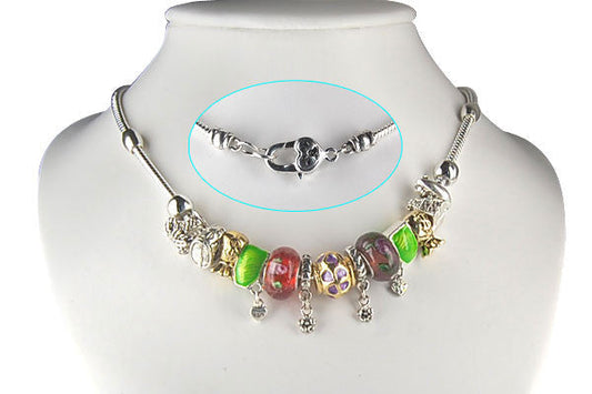 Pandora Style Necklace W/ Red Lampwork Beads, "Travel", 16"