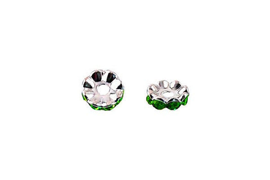 Silver-Plated Rondelle w/Crystal Rhinestones, Green, 4x10mm, Curve Edge