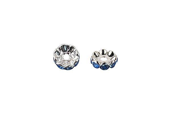 Silver-Plated Rondelle w/Crystal Rhinestones, Deep Sky Blue, 4x10mm, Curve Edge