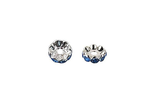 Silver-Plated Rondelle w/Crystal Rhinestones, Deep Sky Blue, 4x10mm, Curve Edge
