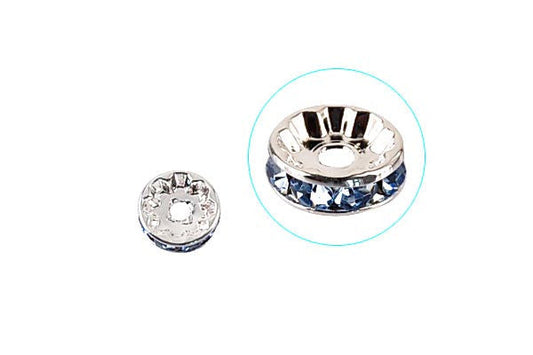 Silver-Plated Rondelle w/Crystal Rhinestones, Sky Blue, 4x10mm
