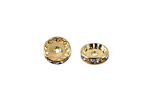 Gold Plated Rondelle W/crystal Rhinestones, White, 4x12mm, Curve Edge