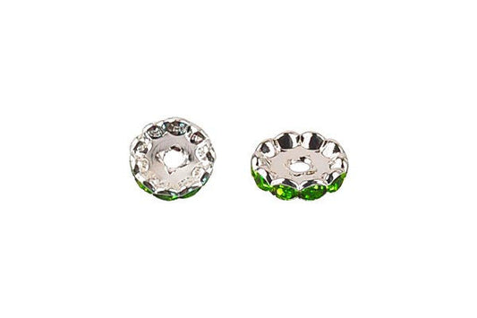 Silver-Plated Rondelle w/Crystal Rhinestones, Green, 4x12mm, Curve Edge