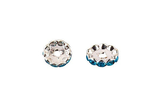Silver-Plated Rondelle w/Crystal Rhinestones, Aqua, 4x12mm, Curve Edge