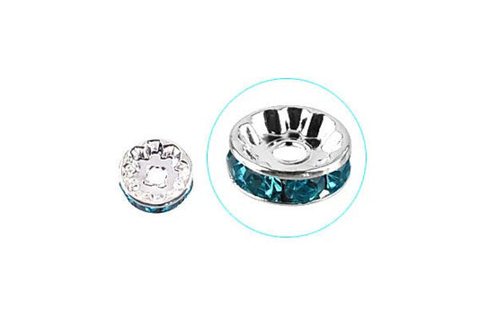 Silver-Plated Rondelle w/Crystal Rhinestones, Aqua, 4x10mm