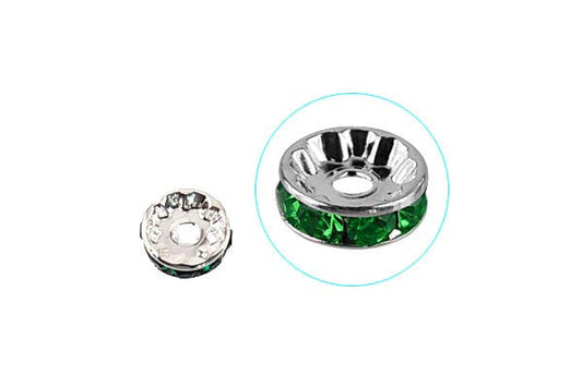 Silver-Plated Rondelle w/Crystal Rhinestones, Dark Green, 4x10mm