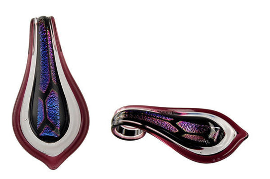 Dichroic Glass Embedded, Smooth Leaf, Purple Pendant, 31x52mm, 1 Piece, Pendant for Jewelry Making