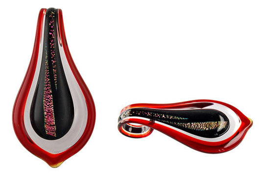 Dichroic Glass Embedded, Smooth Leaf, Red Pendant, 31x52mm, 1 Piece, Pendant for Jewelry Making