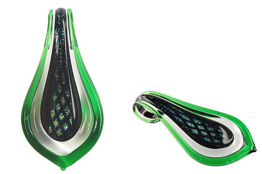 Dichroic Glass Embedded, Smooth Leaf, Green Pendant, 31x52mm, 1 Piece, Pendant for Jewelry Making