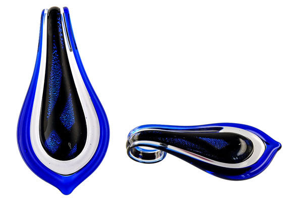 Dichroic Glass Embedded, Smooth Leaf, Blue Pendant, 31x52mm, 1 Piece, Jewelry Making Supplies