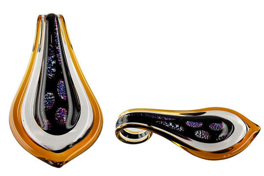 Dichroic Glass Embedded, Smooth Leaf, Amber Pendant, 31x52mm, 1 Piece, Pendant for Jewelry Making