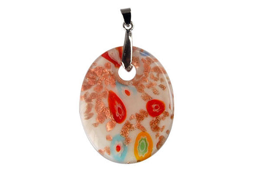 Murano Foil Glass Flat Oval with Bail Pendant, 37x45mm, 1 Piece, Pendant for Jewelry Making