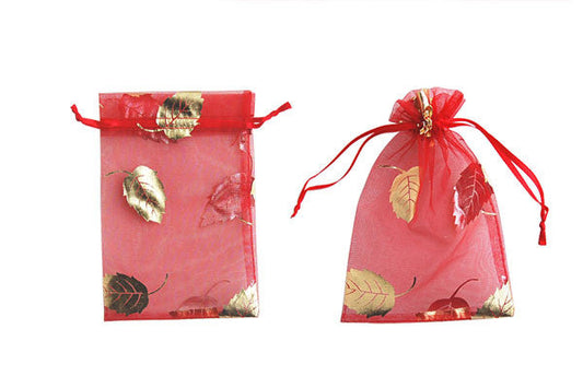 Organza Gift Pouch, Leaf, Red, 100x150mm
