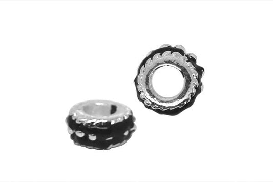 Metal Alloy Beads Rondelle W/dotted Ring & Black Enamel, 6x14mm