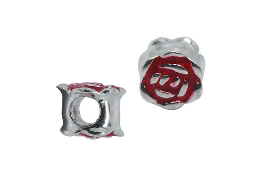 Metal Alloy Beads Silver Red Rose, 9x11mm