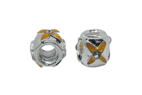 Metal Alloy Silver Drum W/'x' Yellow Enamel & Crystal Rhinestone, 8x9mm