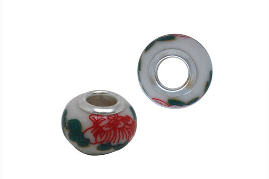 Porcelain Rondelle w/Silver-Plated Core (Green Leaf & Red Flowers), 10x15mm