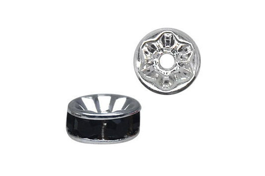 Silver-Plated Rondelle w/Crystal Rhinestones, Black, 3x6mm, Curve Edge