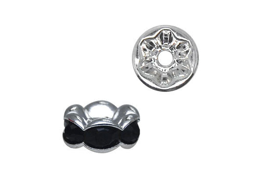 Silver-Plated Rondelle w/Crystal Rhinestones, Black, 4x8mm, Curve Edge