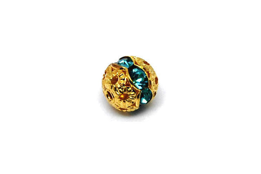 Gold Plated Brass Round W/aqua Rhinestone, 8mm