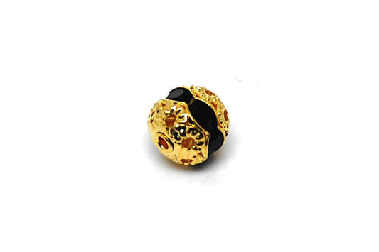 Gold Plated Brass Round W/black Rhinestone, 8mm