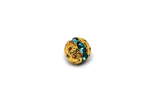 Gold Plated Brass Round W/blue Zircon Rhinestone, 6mm