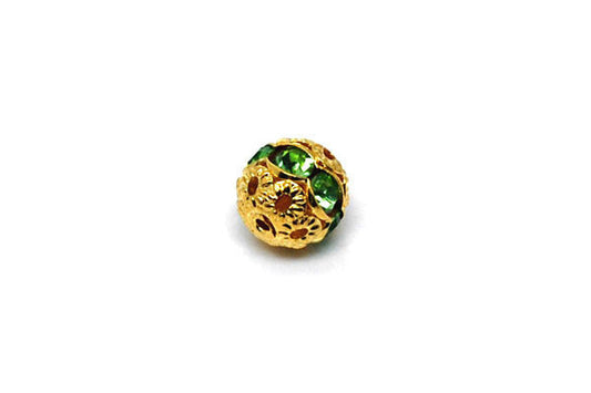 Gold Plated Brass Round W/green Rhinestone, 6mm