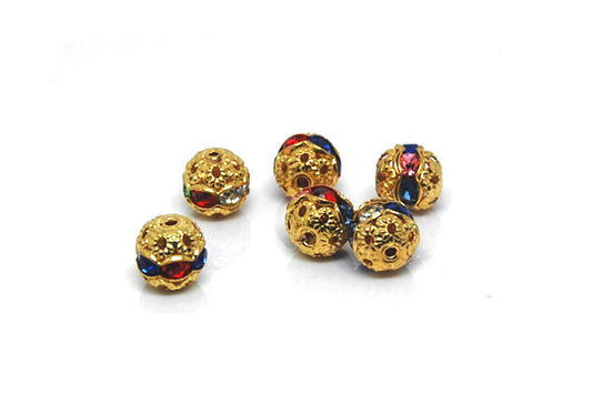 Gold Plated Brass Round W/multicolor Rhinestone, 8mm
