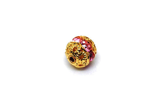 Gold Plated Brass Round W/pink Rhinestone, 6mm