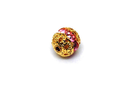 Gold Plated Brass Round W/pink Rhinestone, 8mm