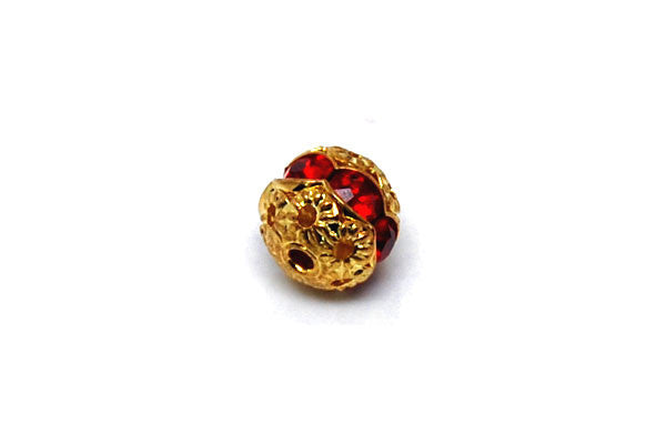 Gold Plated Brass Round W/red Rhinestone, 8mm