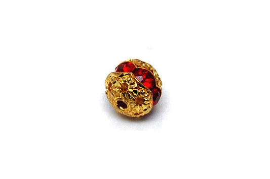Gold Plated Brass Round W/red Rhinestone, 8mm