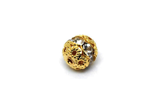 Gold Plated Brass Round W/white Rhinestone, 8mm