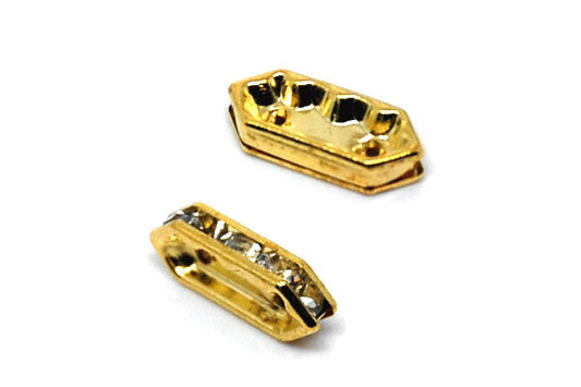 Gold Plated Brass Spacer Diamond 2 Hole W/rhinestone, 6x15mm