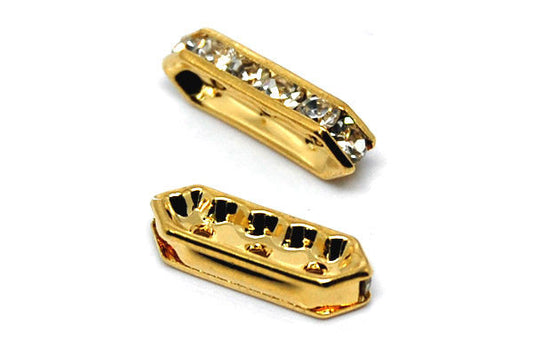 Gold Plated Brass Spacer Diamond 3 Hole W/rhinestone, 6x18mm