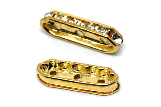 Gold Plated Brass Spacer Diamond 3 Hole W/rhinestone, 7x21mm