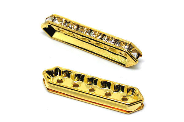 Gold Plated Brass Spacer Diamond 5 Hole W/rhinestone, 9x30mm