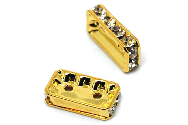 Gold Plated Brass Spacer Rectangle 2 Hole W/rhinestone, 8x15mm