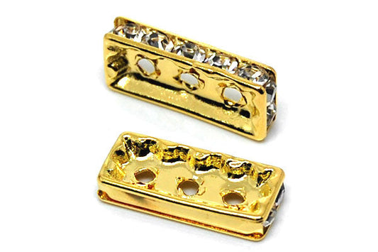 Gold Plated Brass Spacer Rectangle 3 Hole W/rhinestone, 8x19mm