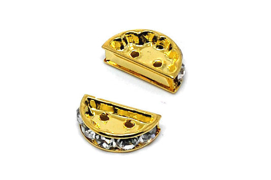 Gold Plated Brass Spacer Semicycle 2 Hole W/rhinestone, 7x12mm