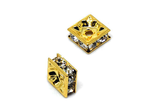 Gold-Plated Brass Spacer Square w/Rhinestone, 8mm