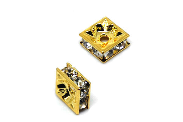 Gold Plated Brass Spacer Square W/rhinestone, 8mm