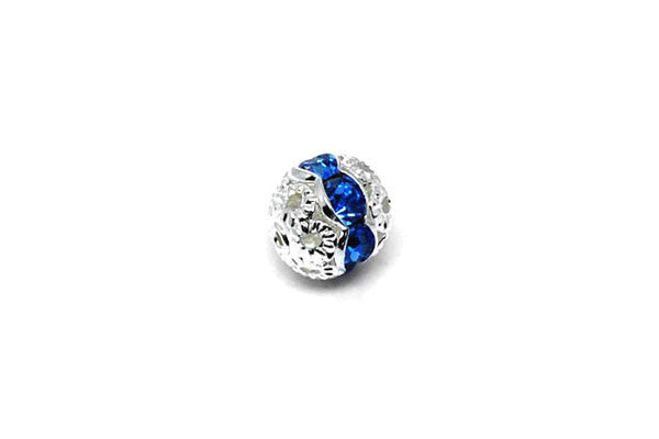 Silver-Plated Brass Round w/Aqua Rhinestone, 6mm