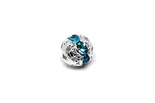Silver-Plated Brass Round w/Aqua Rhinestone, 8mm