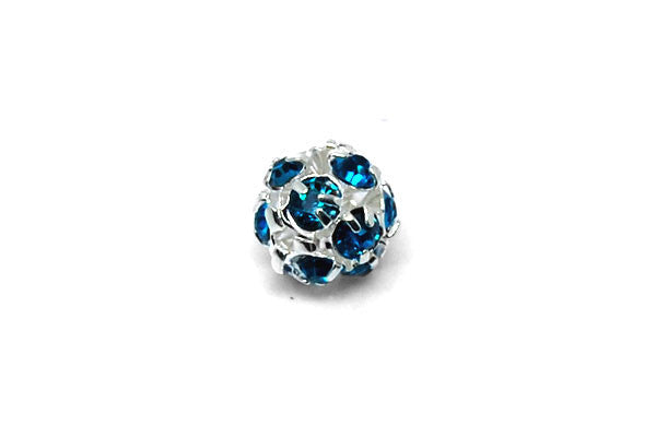 Silver-Plated Brass Round w/Aqua Rhinestone, 8mm