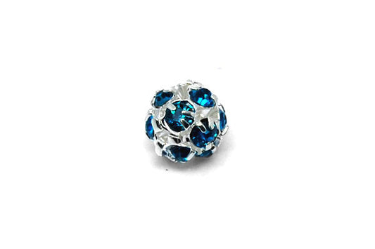 Silver-Plated Brass Round w/Aqua Rhinestone, 8mm